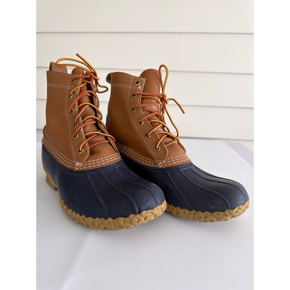 L.L.Bean 8" Duck Boots Women’s 9 Made in USA Vintage Navy Rubber Brown Leather